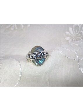 Dual Abalone Shell Stones & Filigree Design Sterling Silver Ring Boho/Native